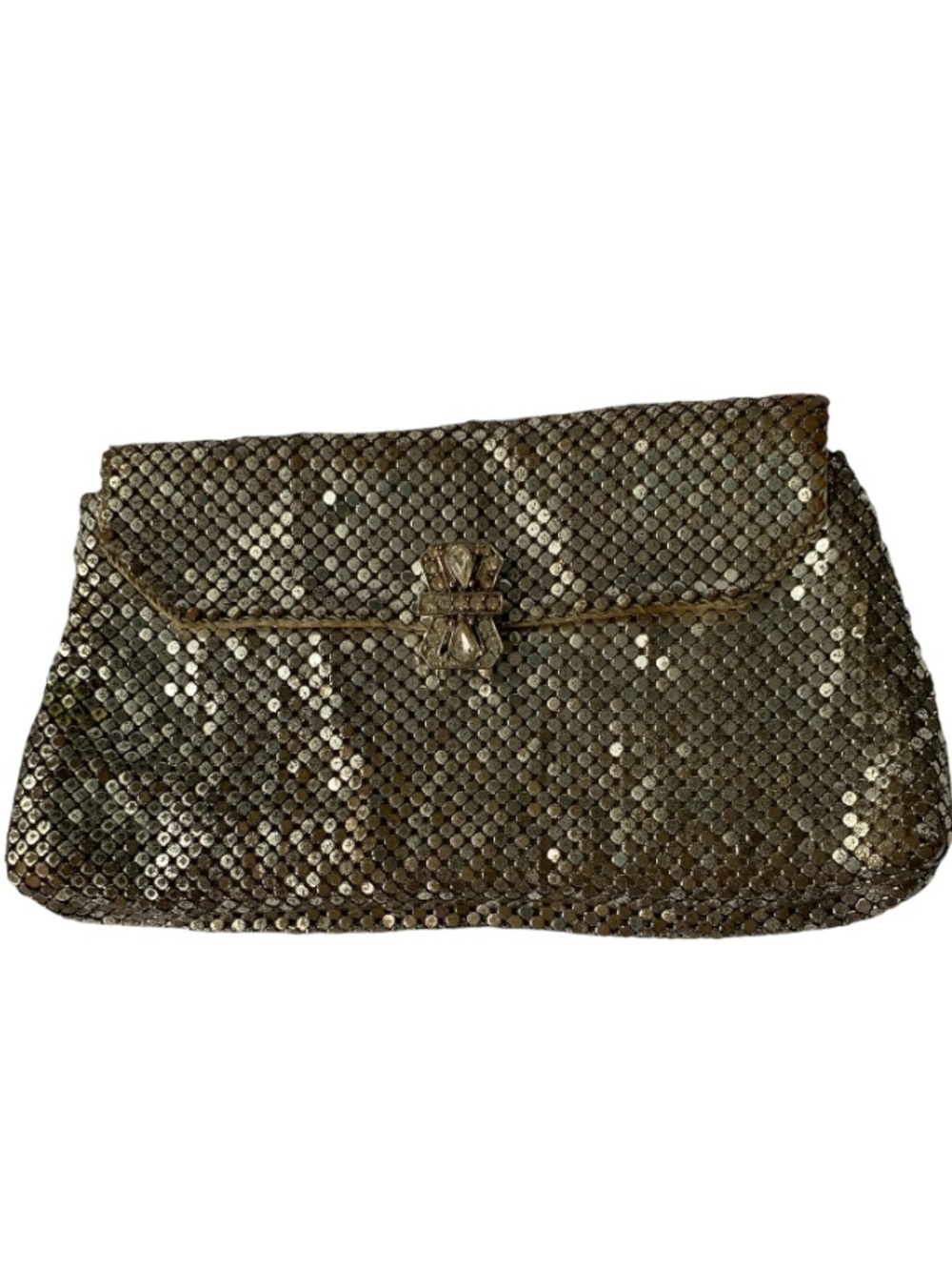 Vintage Whiting & Davis Gold Metal Mesh Clutch Bag Rhinestone Clasp